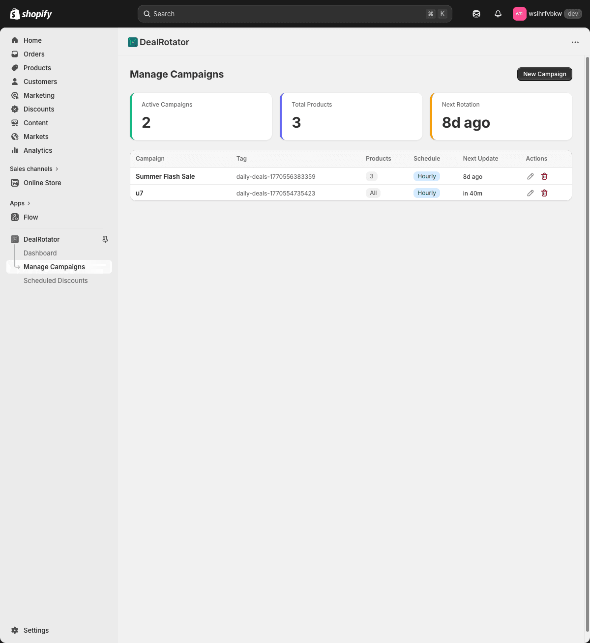 Campaign management with schedule badges and actions