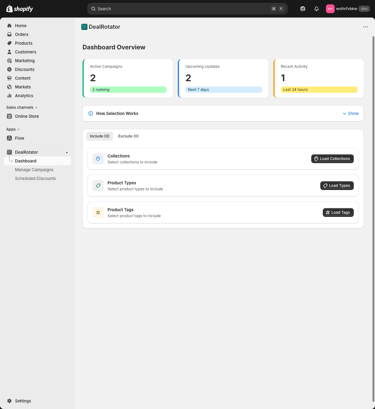 DealRotator dashboard with stats and collection selection
