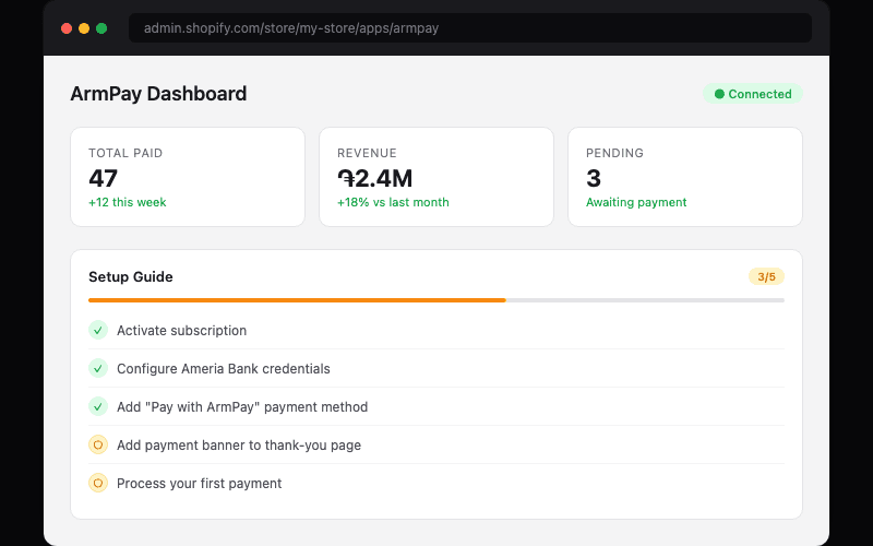 ArmPay merchant dashboard embedded inside Shopify admin