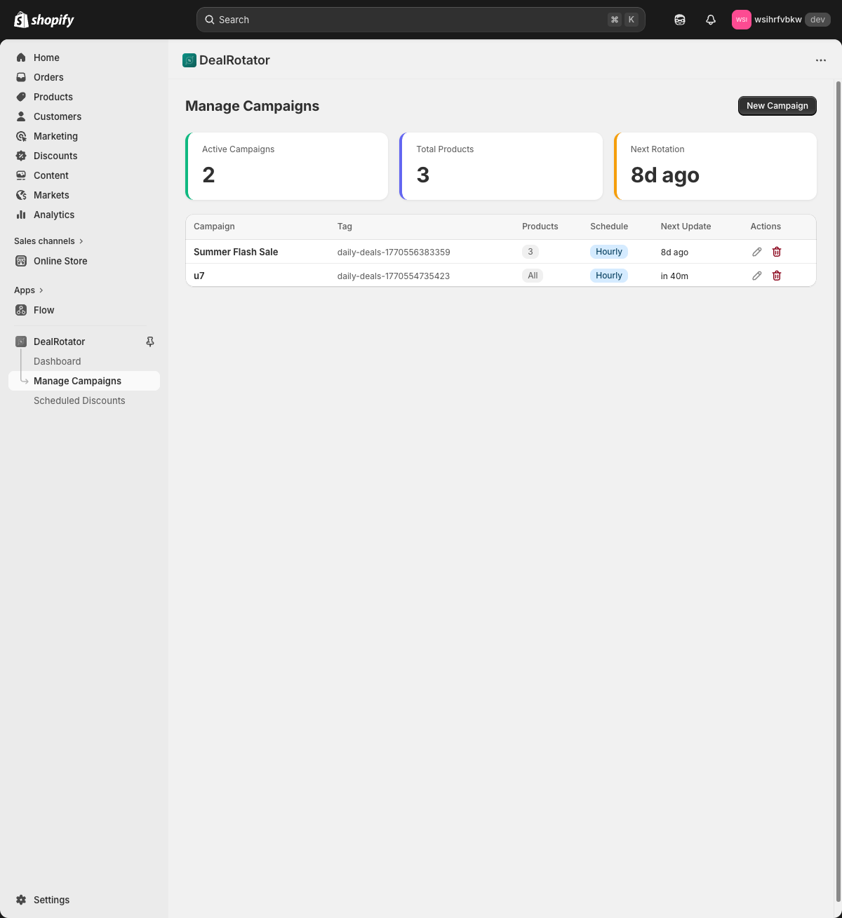Campaign management with schedule badges and actions