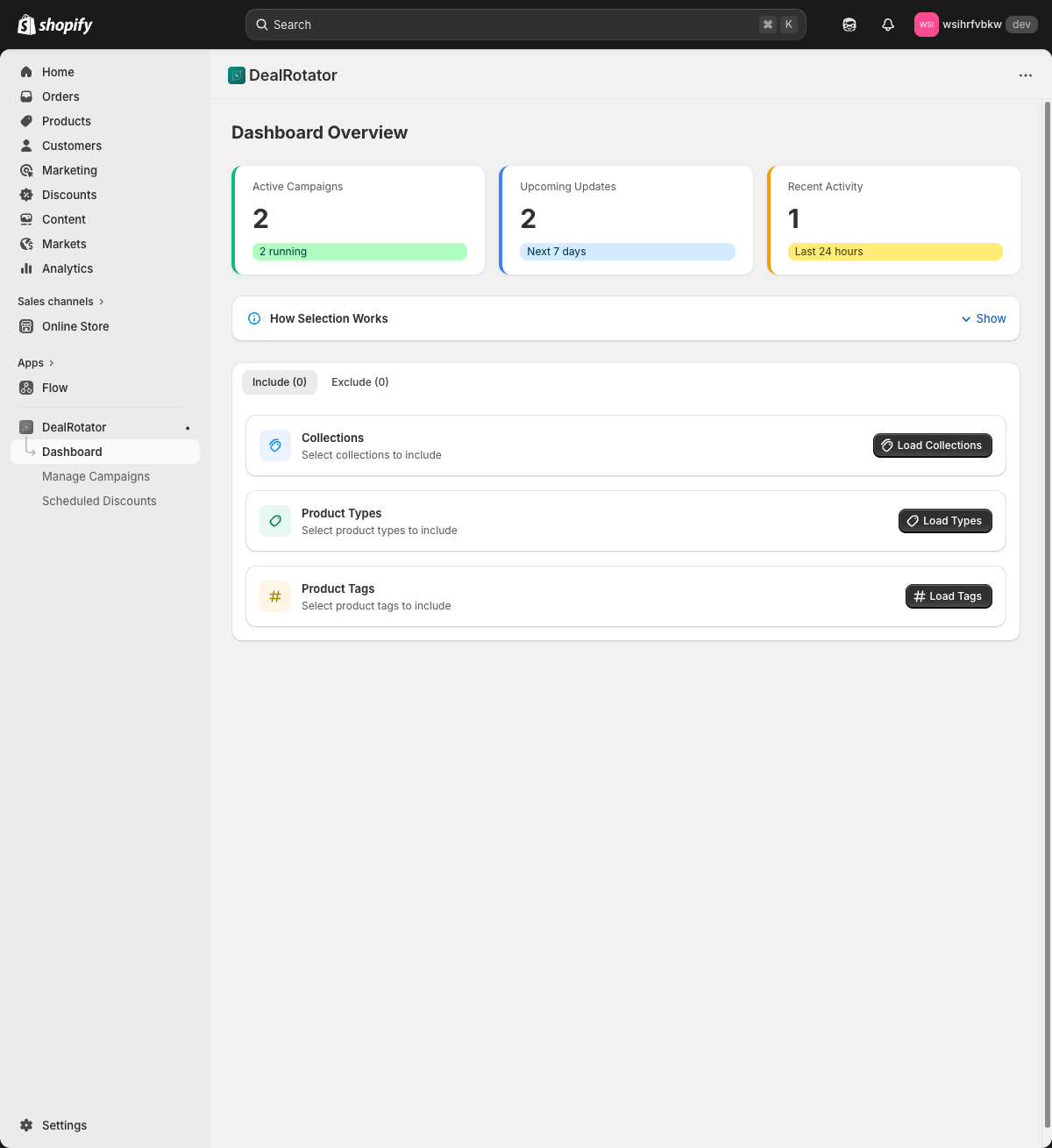 DealRotator dashboard with stats and collection selection